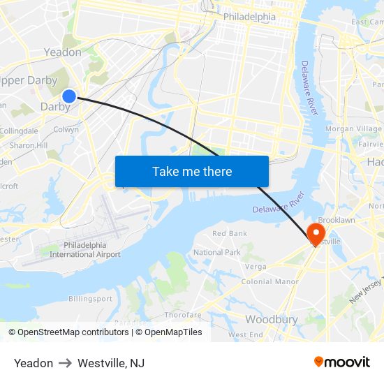 Yeadon to Westville, NJ map