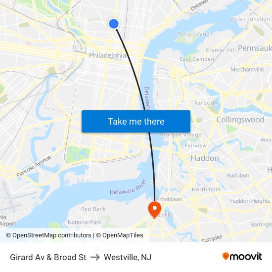 Girard Av & Broad St to Westville, NJ map