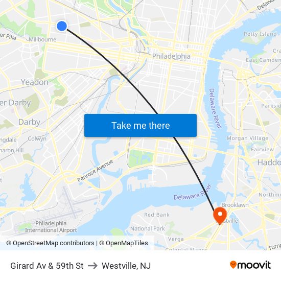 Girard Av & 59th St to Westville, NJ map