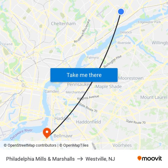 Philadelphia Mills & Marshalls to Westville, NJ map