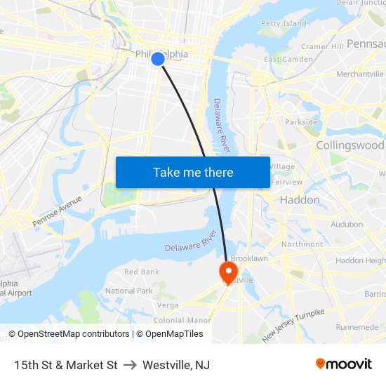 15th St & Market St to Westville, NJ map