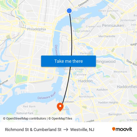 Richmond St & Cumberland St to Westville, NJ map