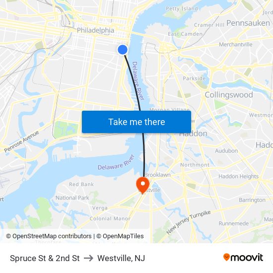 Spruce St & 2nd St to Westville, NJ map