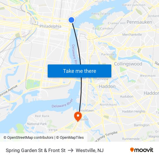 Spring Garden St & Front St to Westville, NJ map