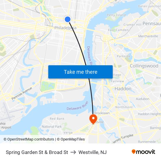 Spring Garden St & Broad St to Westville, NJ map