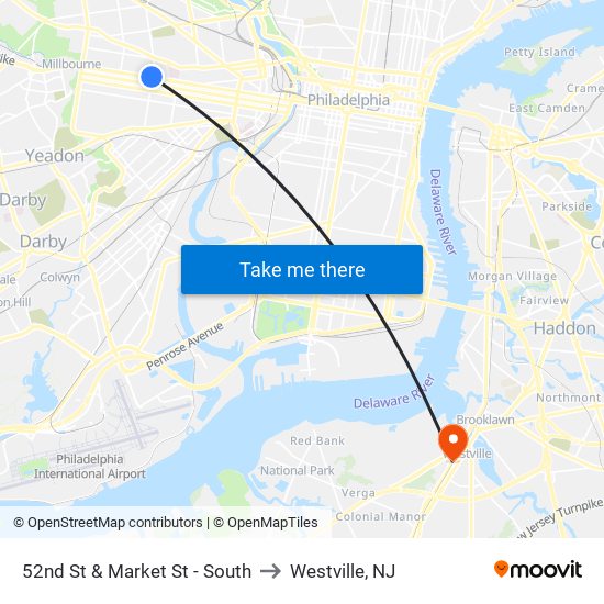 52nd St & Market St - South to Westville, NJ map