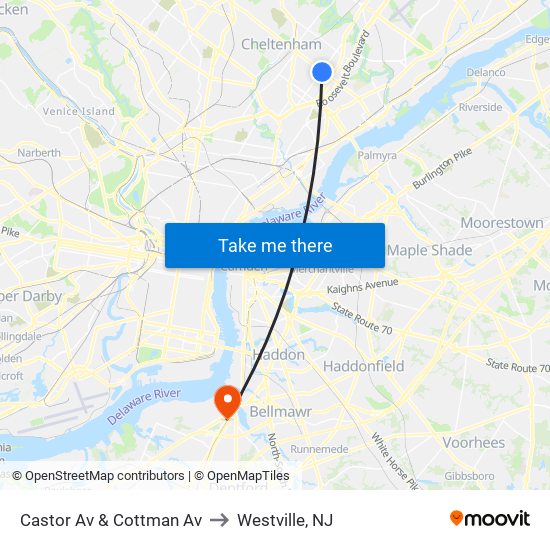 Castor Av & Cottman Av to Westville, NJ map