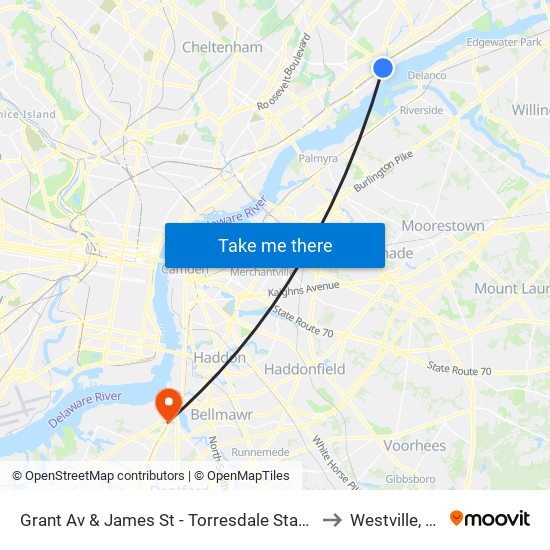 Grant Av & James St - Torresdale Station to Westville, NJ map