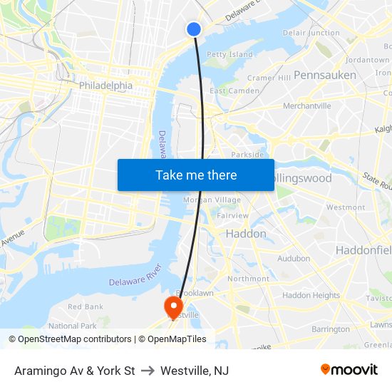 Aramingo Av & York St to Westville, NJ map