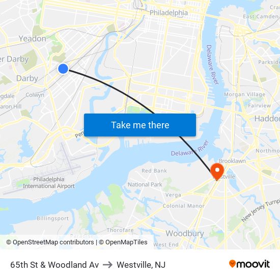 65th St & Woodland Av to Westville, NJ map