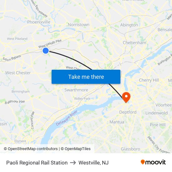 Paoli Regional Rail Station to Westville, NJ map