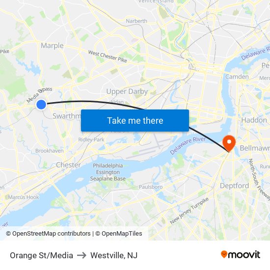 Orange St/Media to Westville, NJ map