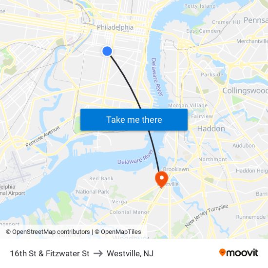 16th St & Fitzwater St to Westville, NJ map