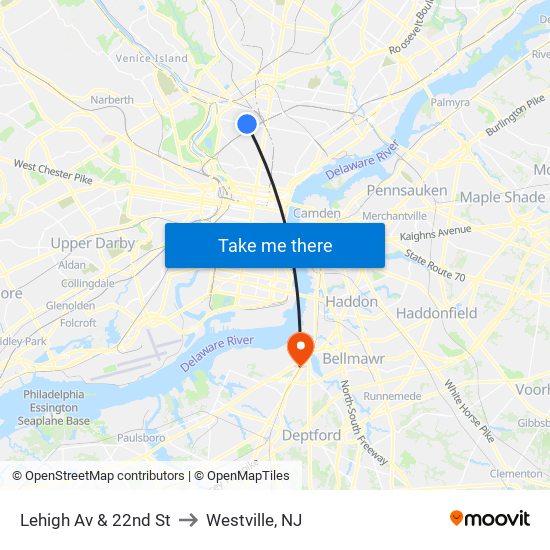 Lehigh Av & 22nd St to Westville, NJ map