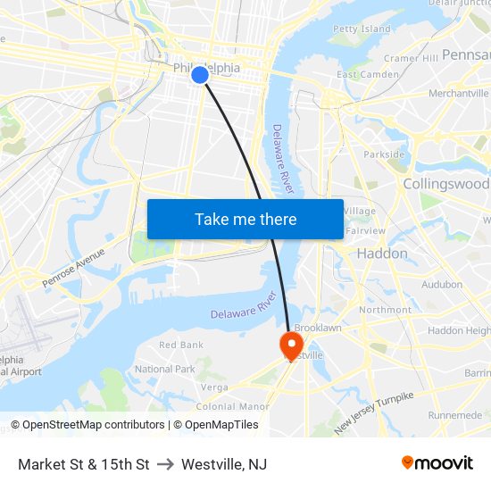 Market St & 15th St to Westville, NJ map