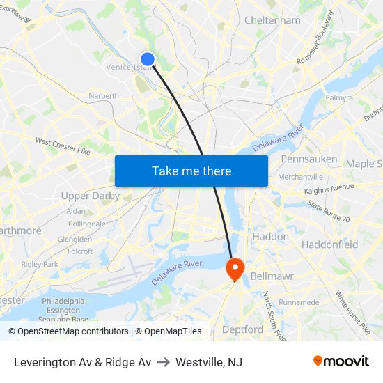 Leverington Av & Ridge Av to Westville, NJ map