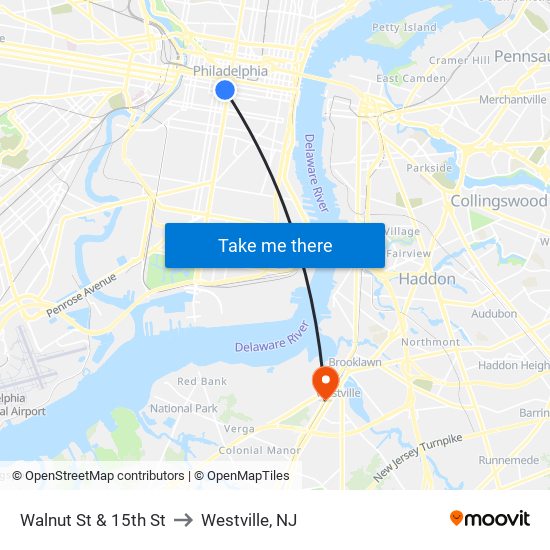 Walnut St & 15th St to Westville, NJ map