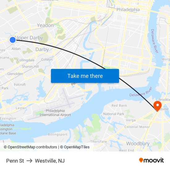 Penn St to Westville, NJ map