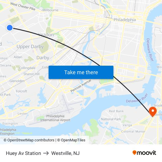 Huey Av Station to Westville, NJ map
