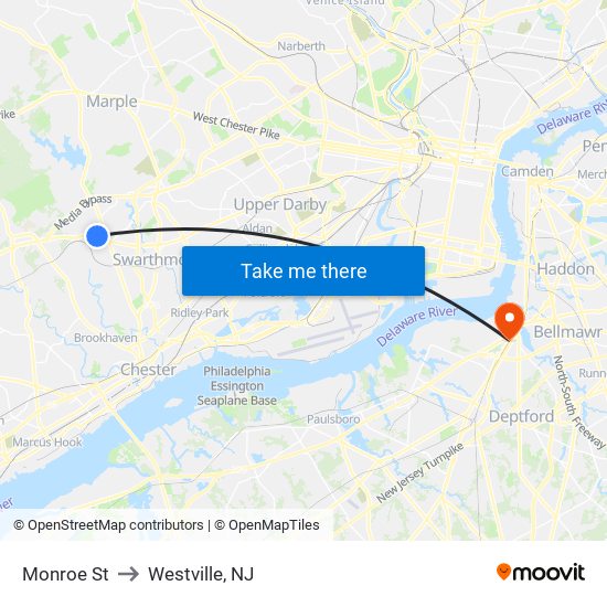 Monroe St to Westville, NJ map