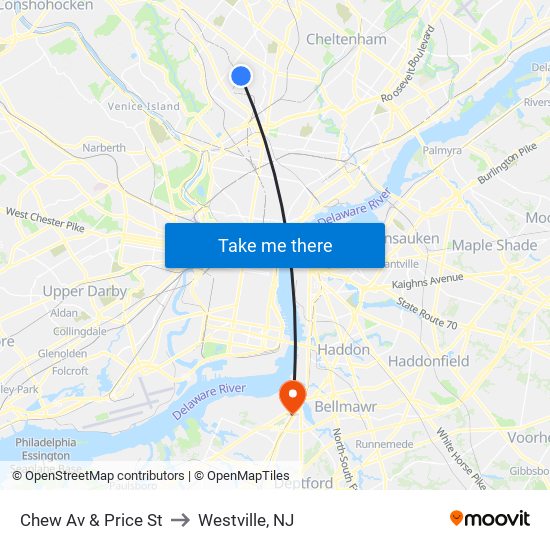 Chew Av & Price St to Westville, NJ map