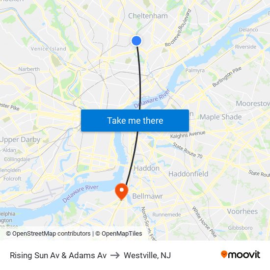 Rising Sun Av & Adams Av to Westville, NJ map