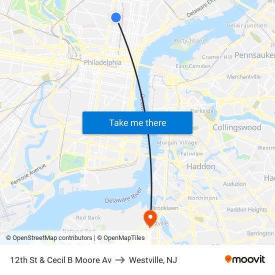 12th St & Cecil B Moore Av to Westville, NJ map
