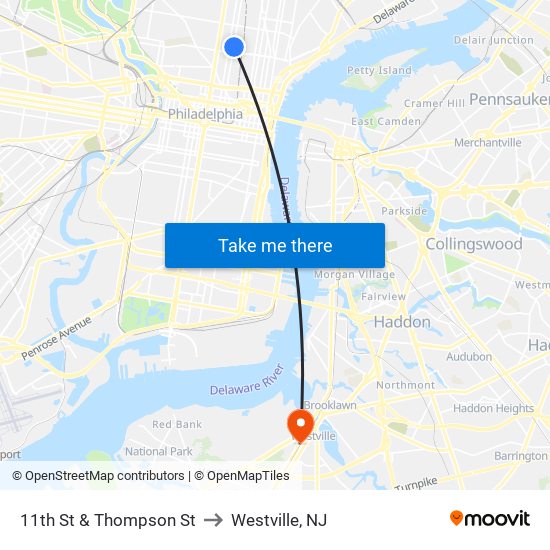 11th St & Thompson St to Westville, NJ map