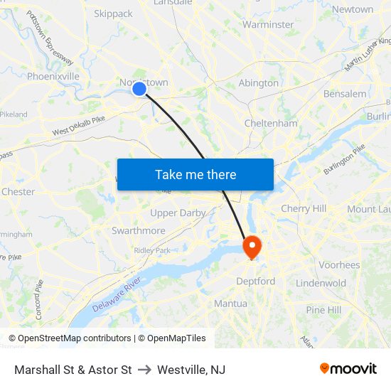 Marshall St & Astor St to Westville, NJ map