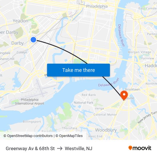 Greenway Av & 68th St to Westville, NJ map