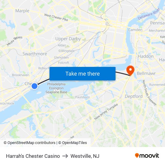 Harrah's Chester Casino to Westville, NJ map