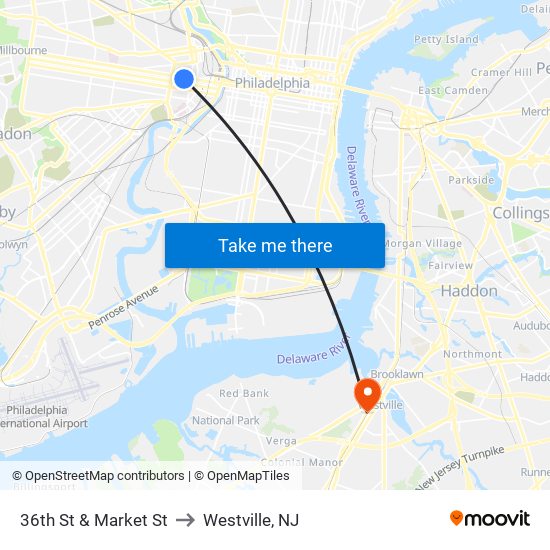 36th St & Market St to Westville, NJ map