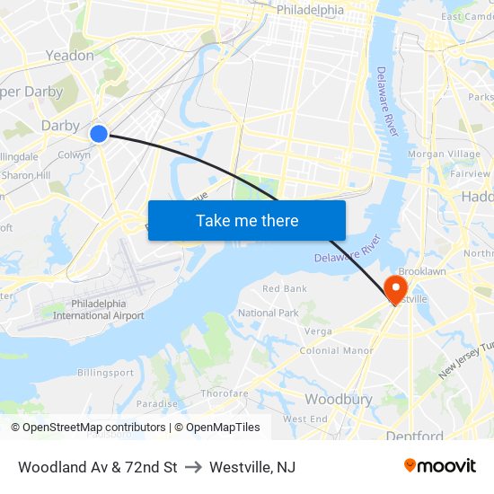 Woodland Av & 72nd St to Westville, NJ map