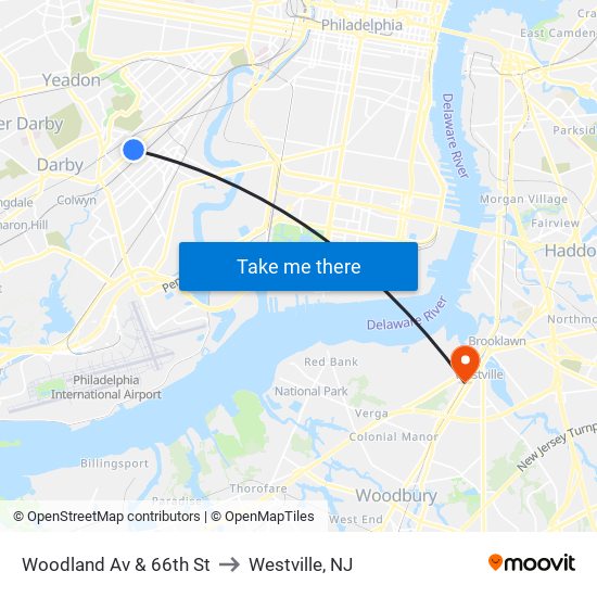 Woodland Av & 66th St to Westville, NJ map