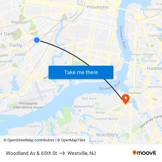 Woodland Av & 65th St to Westville, NJ map