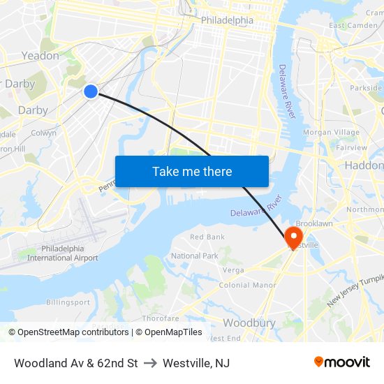 Woodland Av & 62nd St to Westville, NJ map