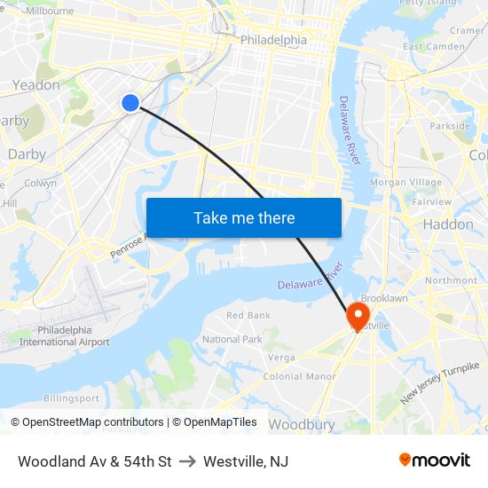 Woodland Av & 54th St to Westville, NJ map
