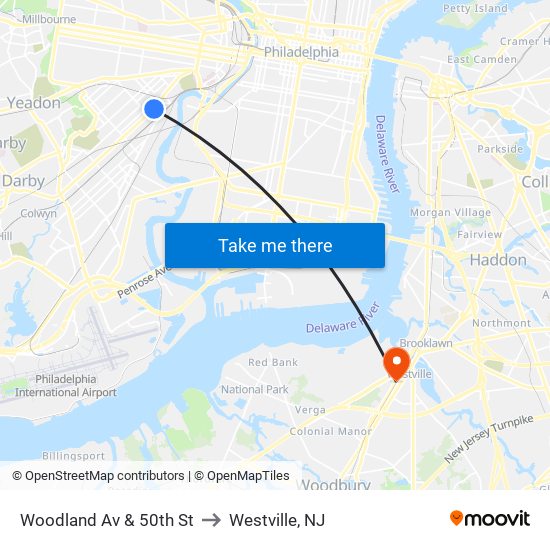 Woodland Av & 50th St to Westville, NJ map