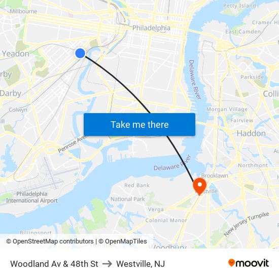 Woodland Av & 48th St to Westville, NJ map