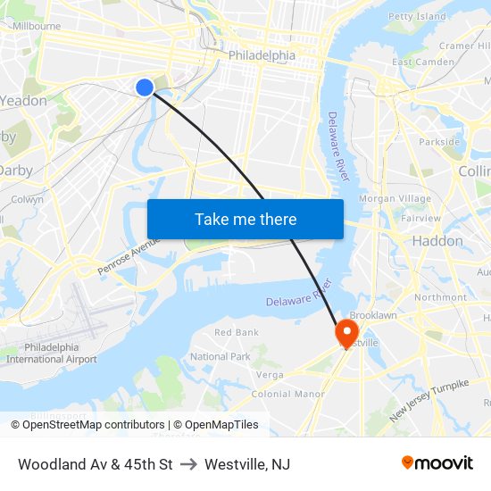 Woodland Av & 45th St to Westville, NJ map