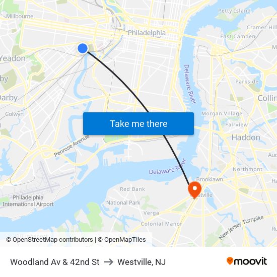 Woodland Av & 42nd St to Westville, NJ map