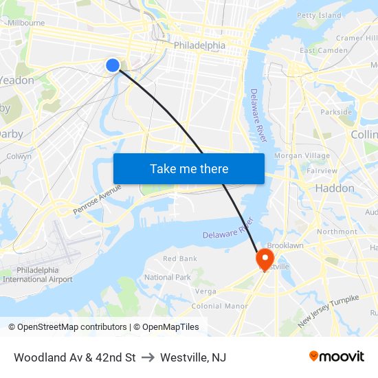Woodland Av & 42nd St to Westville, NJ map
