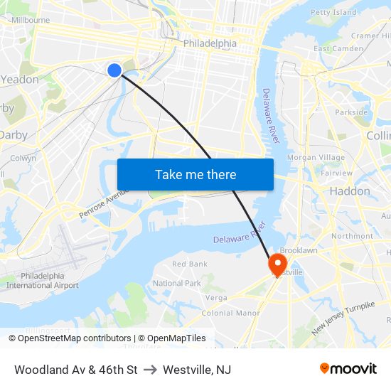 Woodland Av & 46th St to Westville, NJ map