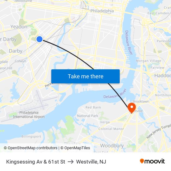 Kingsessing Av & 61st St to Westville, NJ map