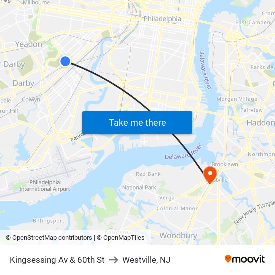 Kingsessing Av & 60th St to Westville, NJ map