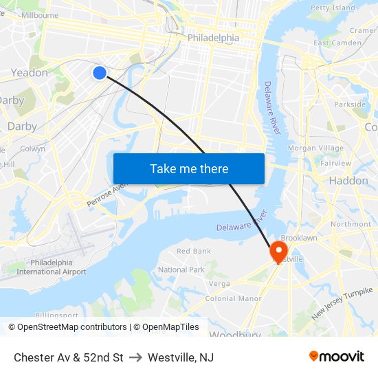 Chester Av & 52nd St to Westville, NJ map