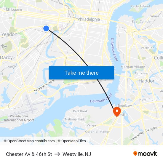 Chester Av & 46th St to Westville, NJ map