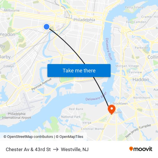 Chester Av & 43rd St to Westville, NJ map