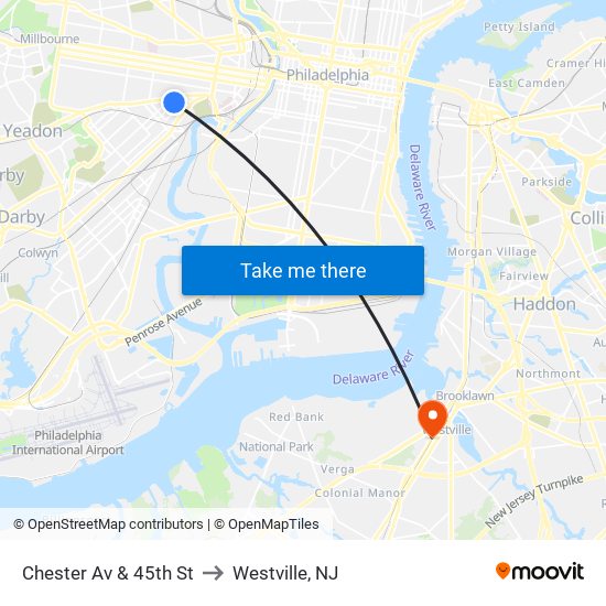 Chester Av & 45th St to Westville, NJ map