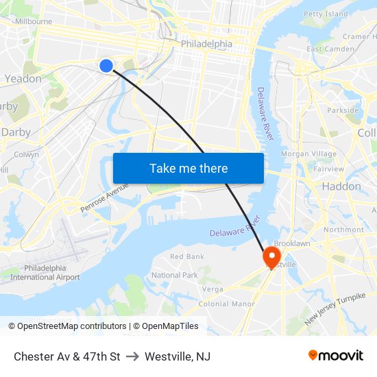 Chester Av & 47th St to Westville, NJ map